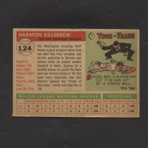 1955 TOPPS BASEBALL HARMON KILLEBREW ROOKIE CARD #124 WASHINGTON SENATORS - Picture 2 of 2